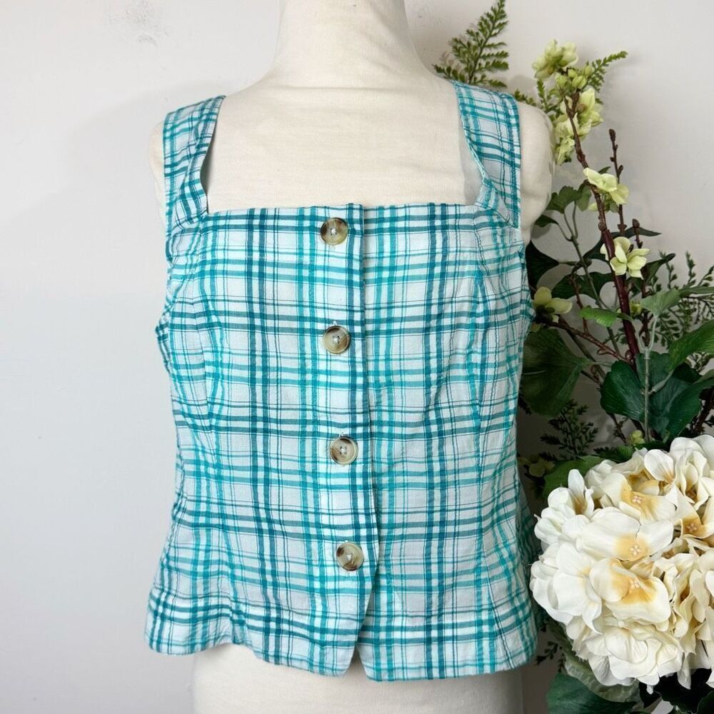 Maeve Turquoise Plaid Button-Front Tank | Large | NWT | Anthropologie